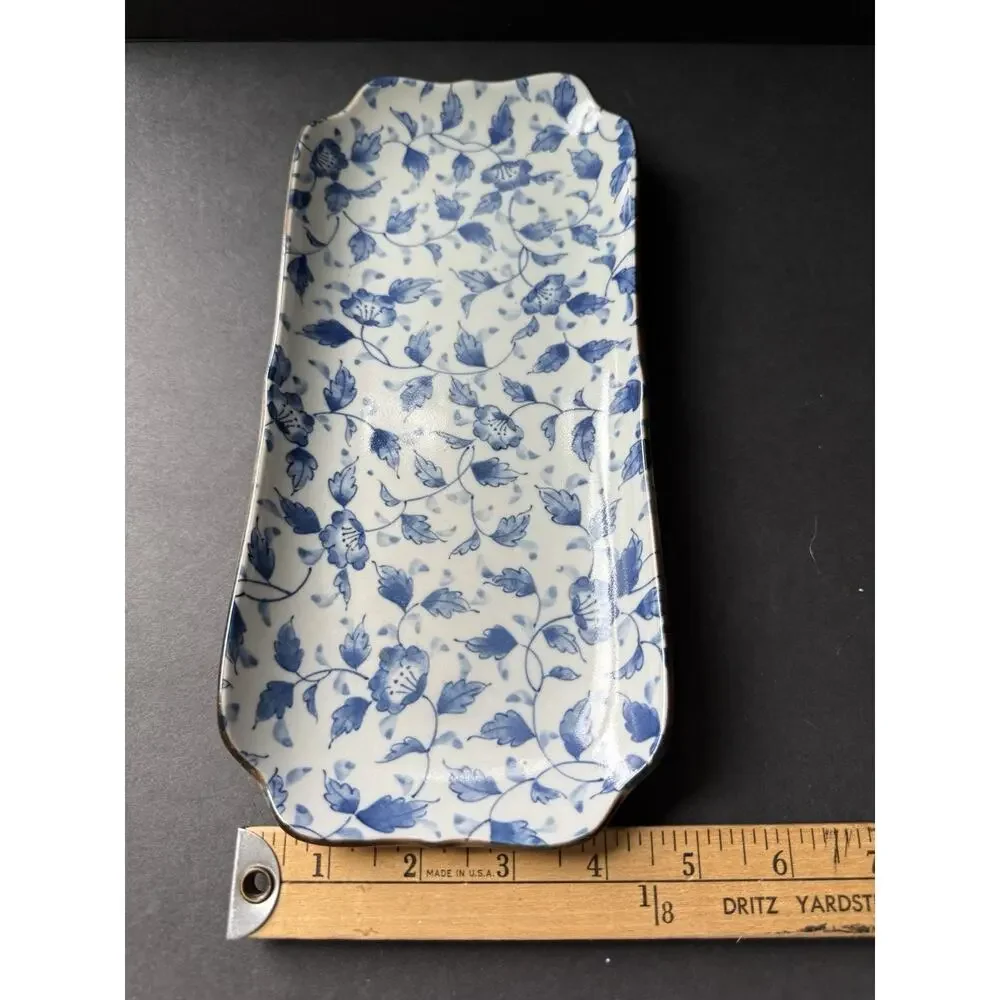 Vintage Floral Asian Rectangle Porcelain Tray Blue White Serving Trinket Cottage